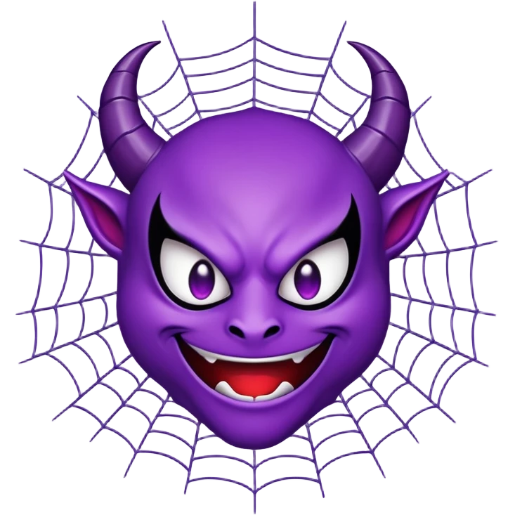 An exact purple smiling devil emoji (😈) inside the exact spider web emoji (🕸️). The purple devil must be pixel-perfect, identical to the official Unicode emoji style — no changes in its face, horns, expression, eyes, or mouth. No modifications, accessories, artistic style changes, or reinterpretation. No bowtie, no color shifts, no extra glow, no background. Just the standard devil emoji placed exactly in the center of the spider web emoji. Both emojis must appear exactly as they do on Apple/Google. Flat, 2D, minimal style. emoji