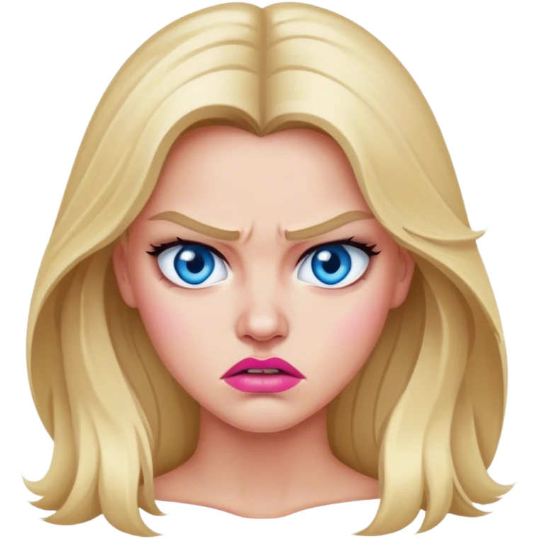 Cinematic realistic beautiful blonde with long hair, blue eyes and pink lips gets angry emoji