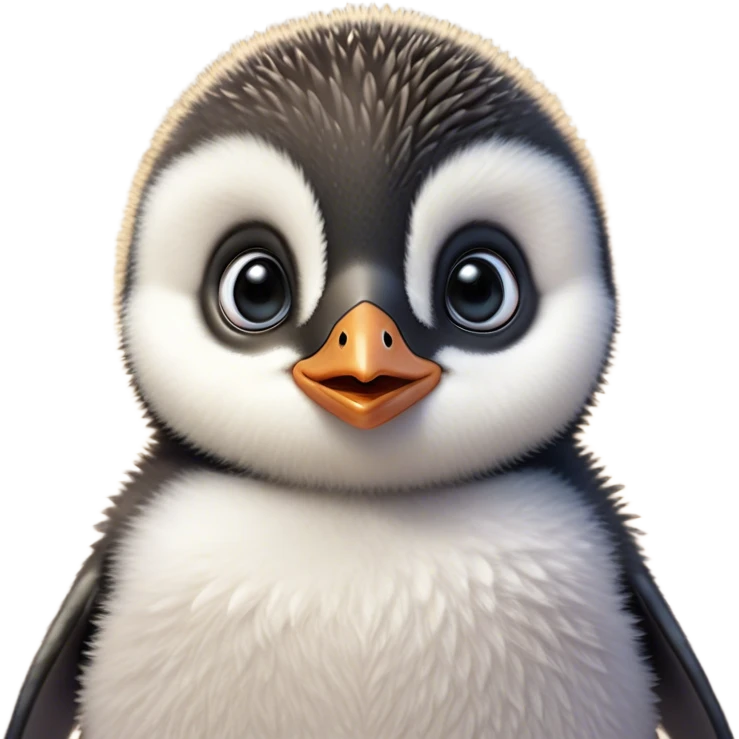 Cinematic Comical Baby Penguin Portrait Emoji, Head tilted dramatically with an exaggeratedly shocked expression, featuring delightfully fluffy plumage with wide, comically expressive eyes full of humorous disbelief, Simplified yet hilariously expressive features, highly detailed, glowing with a slightly sassy polar glow, high shine, dramatic yet playful, stylized with an air of cheeky innocence, soft glowing outline, capturing the essence of a meme-worthy baby penguin that seems ready to side-eye its way into viral fame! emoji