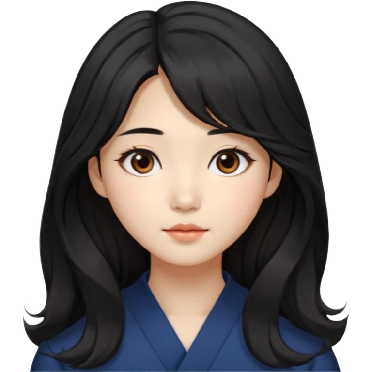 Korean girl with long black hair that is slightly wavy, with a middle part and face framing hairstyle. Asian eyes, brown colored eyes emoji