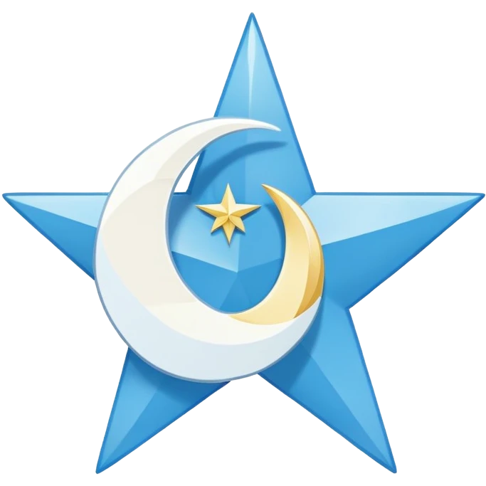 The flag is sky blue with a white crescent facing right on the left-center. Thin white lines outline the crescent, giving it a glowing effect. Inside or just right of the crescent is a white, symmetrical eight-pointed star. emoji