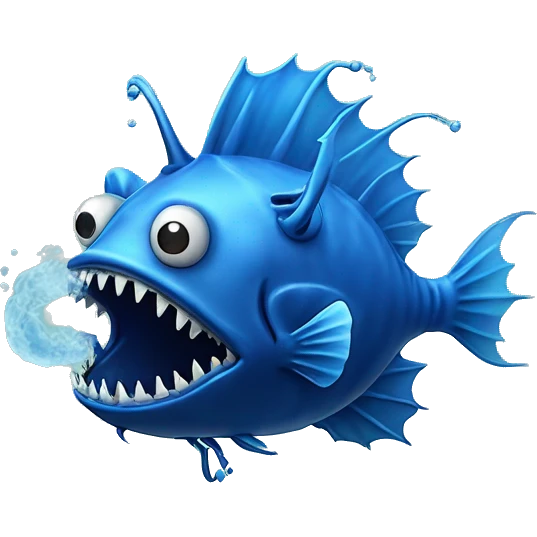 A blue angler fish with no lure and having blue smoke surrounding it ￼ emoji