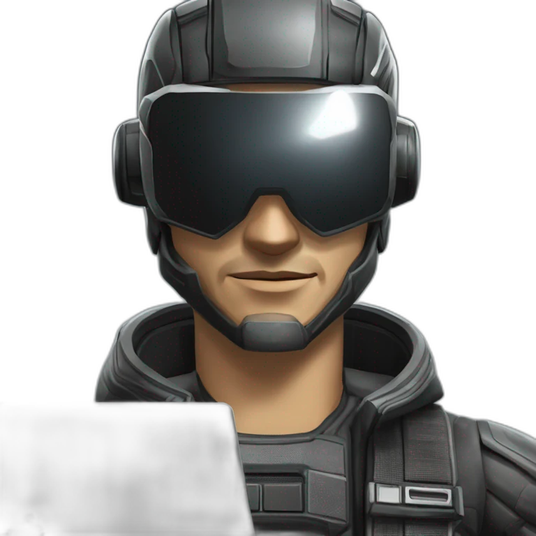 developer behind his laptop with this style : Crytek Crysis Video game with nanosuit hacker themed character emoji