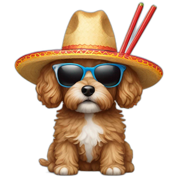 cavapoo wearing sunglasses and sombrero holding chopsticks emoji