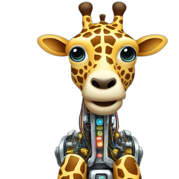 Una girafa robotica con patrones de circuitos brillantes en su piel, piernas con juntas móviles y piezas de metal relucientes emoji