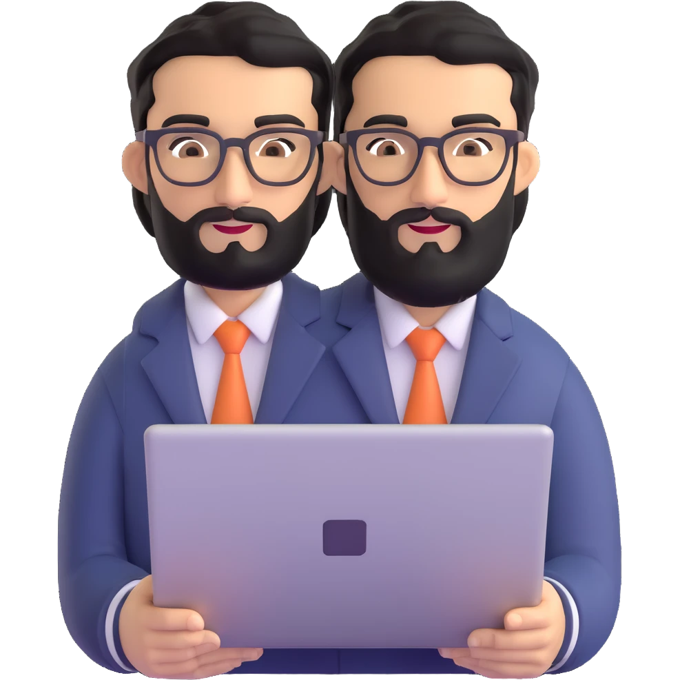 neat well-groomed man with medium black beard, tidy black hair, connected unibrow, olive tan skin, brown eyes, stylish glasses, prominent nose, wearing crisp clean casual business attire, professionally holding a laptop emoji