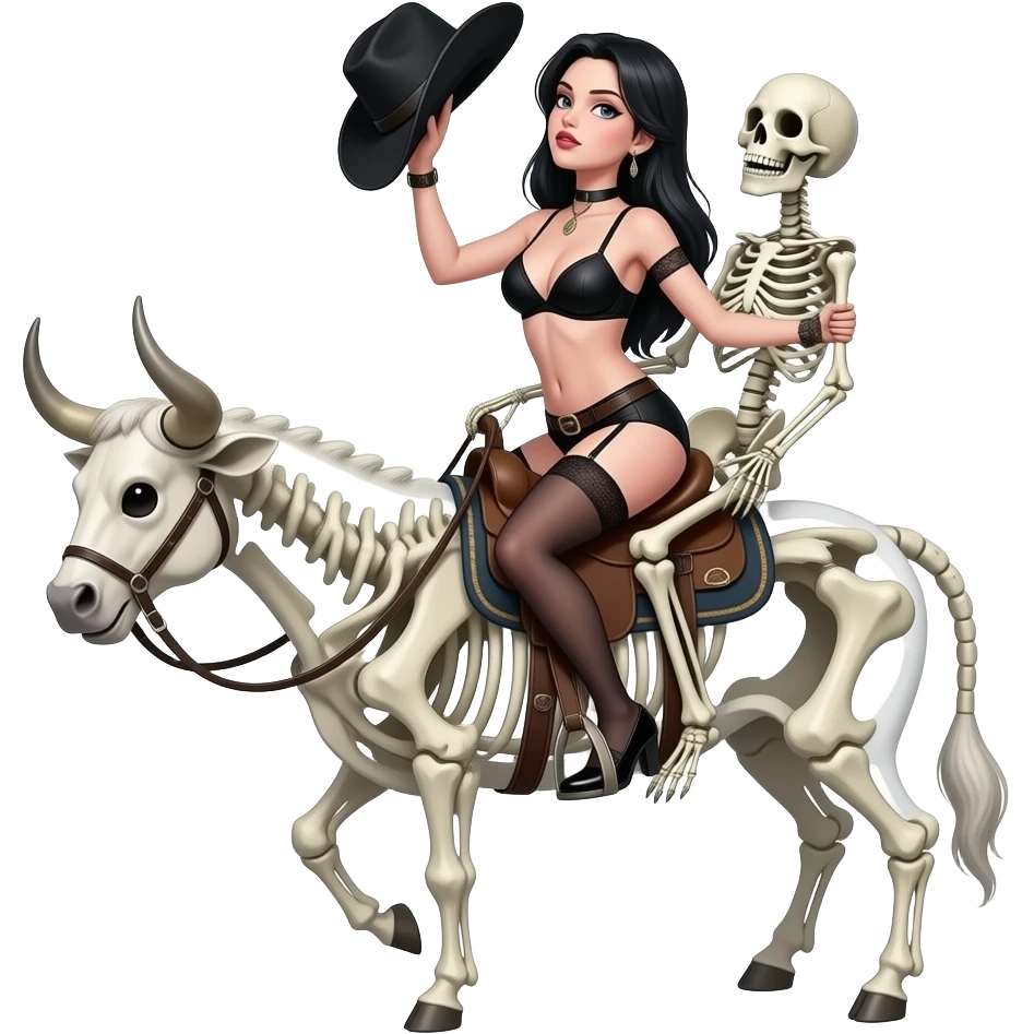Sexy gothic female with black lingerie holdin a black  cowboy hat up in the air with one arm and holdin onto a skeleton bull with other arm, her head rilted back riding the skeleton bull. Seductive. Realistic. Fantasy emoji