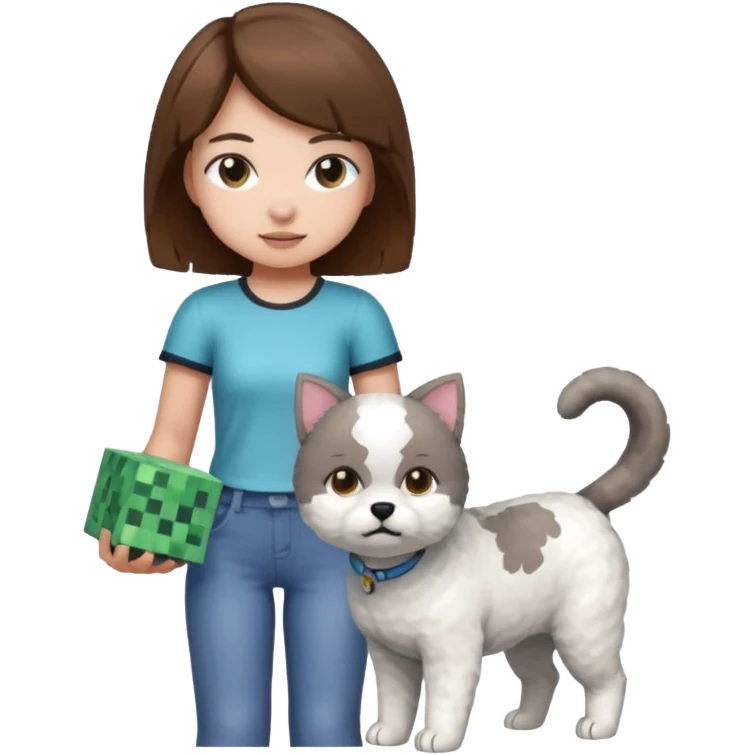 A grey cat standing on the back of a white bichon frisør dog, with a girl with short brown hair sitting beside playing Minecraft emoji
