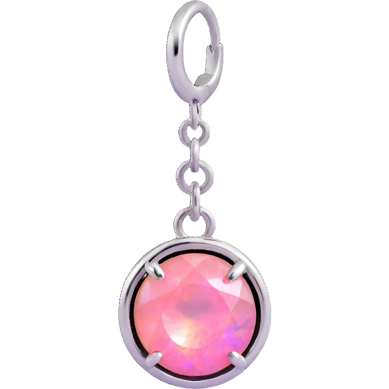 round cut pink fire opal charm, silver setting, silver jump ring, iridescent and neon details emoji