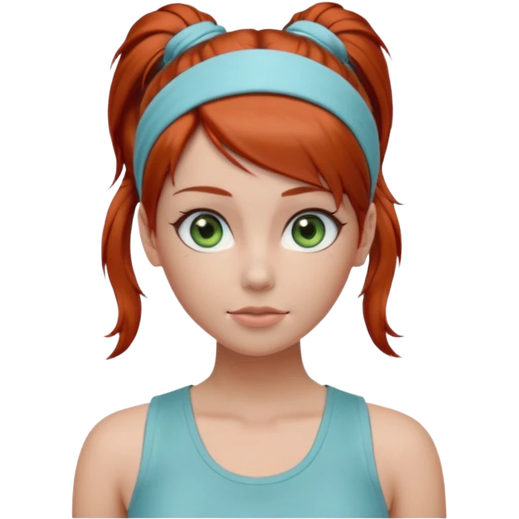 Emoji-style 3D female avatar with fair skin, large green eyes, soft makeup, and auburn-red hair tied in a high ponytail with a light blue hairband.
Wearing a light gray sleeveless tank top, centered front view, smooth realistic shading, clean lighting, isolated background, polished emoji realism. emoji