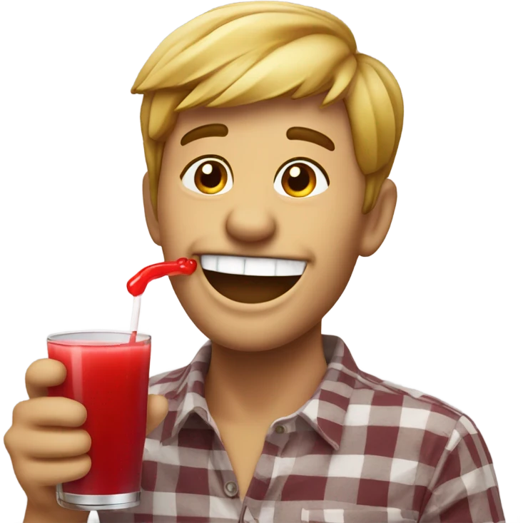 Happy guy with red juice spilling from corner of mouth emoji