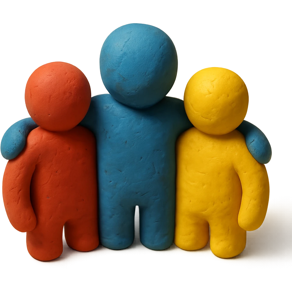 claymation style group logo with three clay figures together emoji
