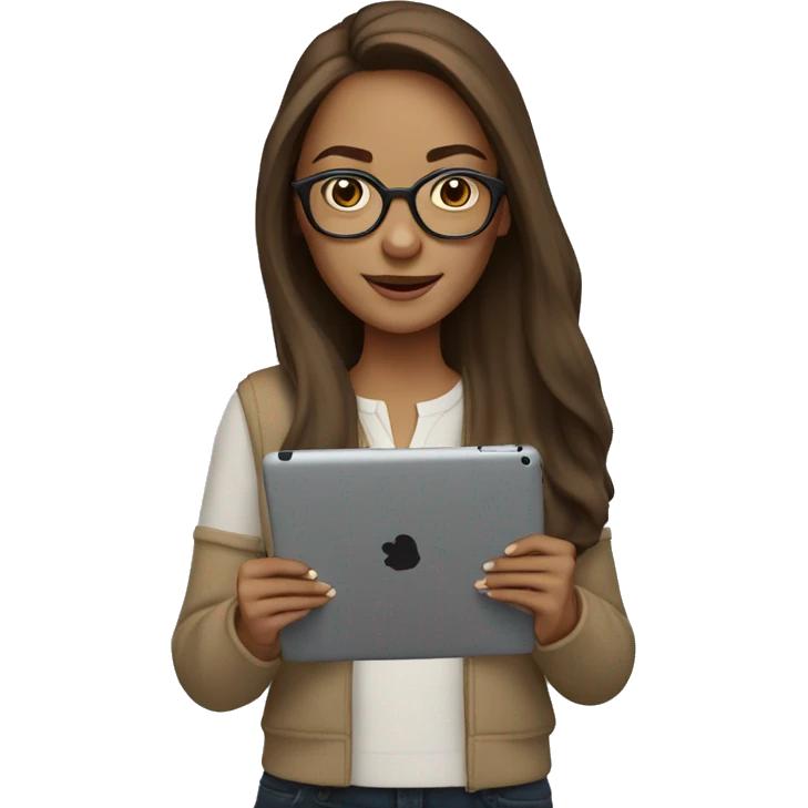 woman with long brown hair, light brown eyes, white glasses, with iPad in hand emoji