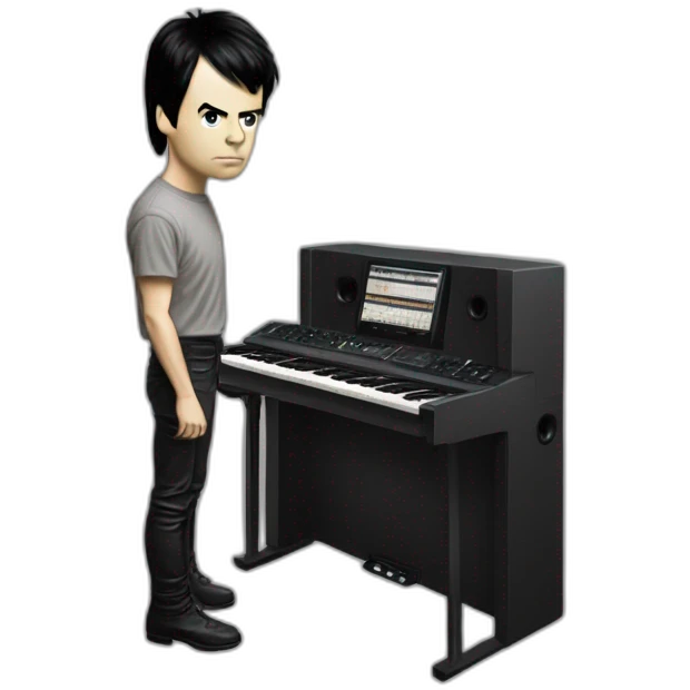 photo-realistic Gary Numan in 1979, standing upright, playing a Mini Moog, front-view perspective, emoji
