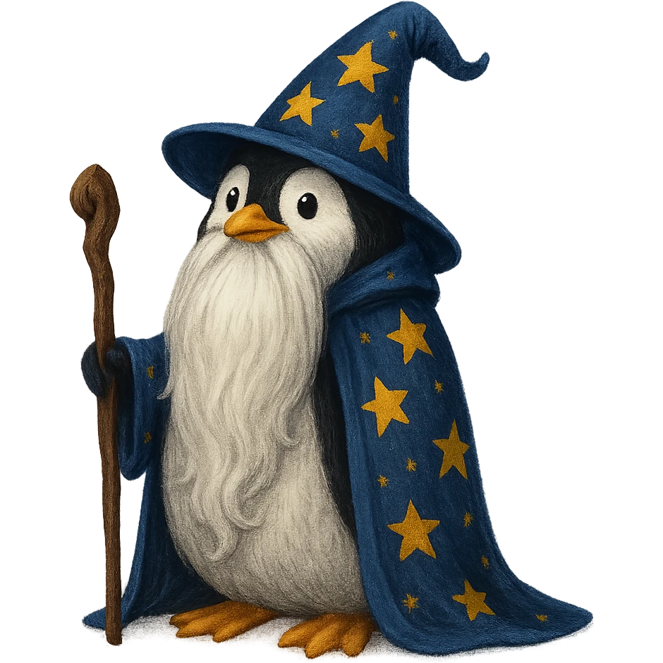 penguin wizard with a long beard and starry cloak emoji