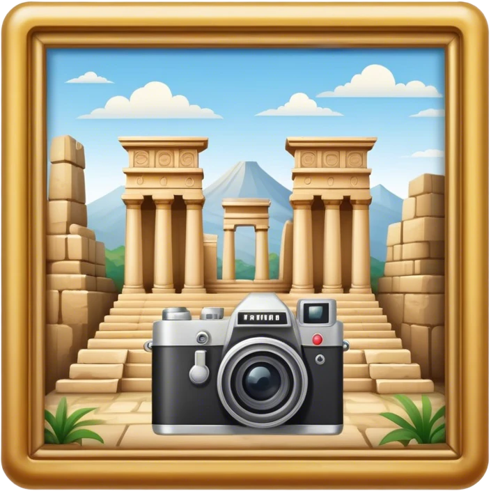 Icon for Historical and Cultural Tourism: iconic landmarks like ancient ruins, a museum and a historical monument, with a travel guidebook and camera. The icon should capture the exploration of history and culture. Transparent background. emoji