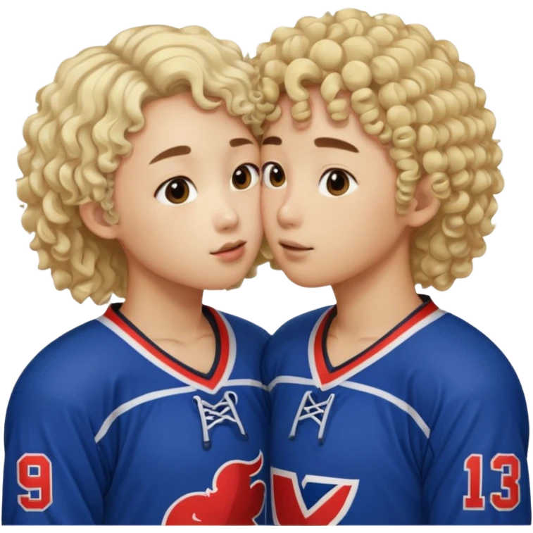 Asian hickey player kissing curly hair blonde hockey player emoji