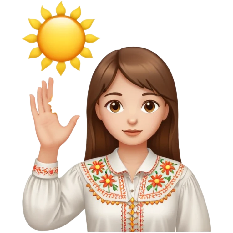 Young Ukrainian girl with brown hair wearing a white embroidered traditional shirt holding a bright sun in her hand emoji