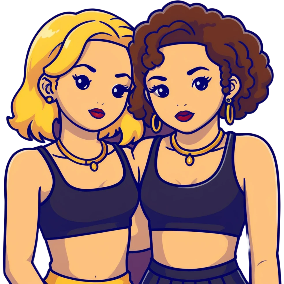 Two teenage girls together, one white with straight blonde hair and one brown-skinned with curly dark hair, both with heavy makeup, big lips, crop tops, gold jewelry and flashy choni style outfits emoji