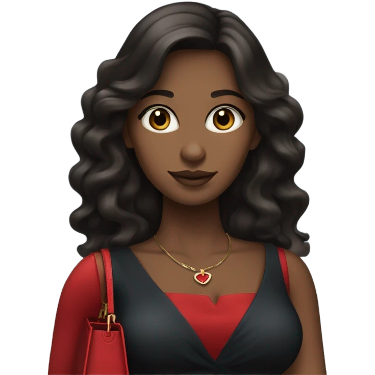 A woman with long wavy dark brown hair,fair skin and blue eyes,in a black dress holding a red birkin bag emoji