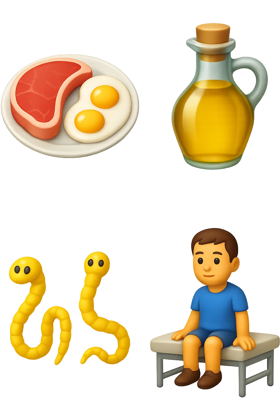 emoji stile iphone di UN PIATTO CON CARNE ROSSA E UOVA, UNA BOTTIGLIA DI OLIO DI SEMI, DUE PARASSITI TIPO LA TENIA, UOMO SEDUTO SU UN LETTINO DA FISIOTERAPISTA, IPERREALISTICO 4K emoji