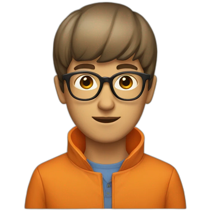 a man with a bowl cut brown glasses, a orange jacket emoji