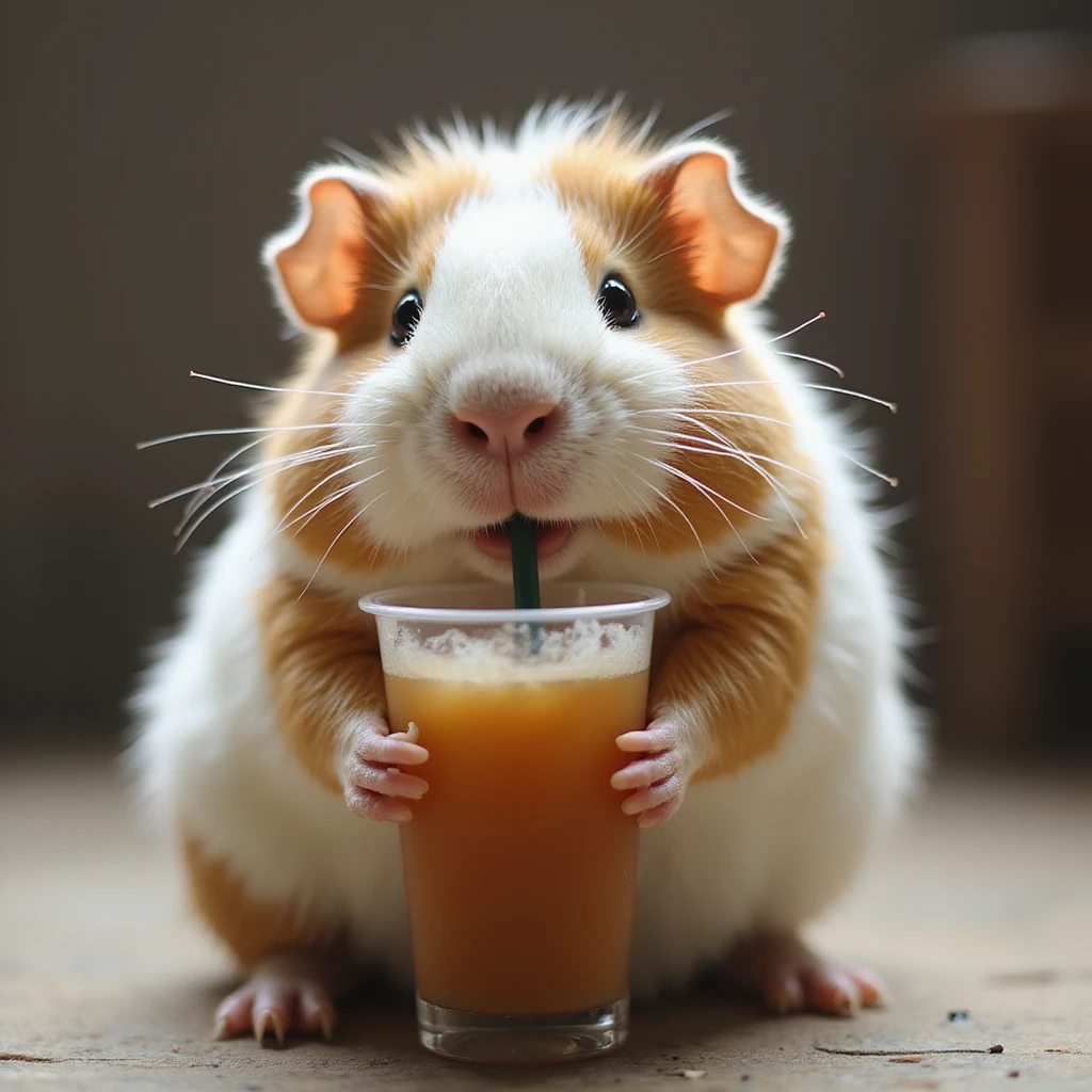 a lifelike guinea pig sipping bubble tea with a straw, photorealistic style emoji