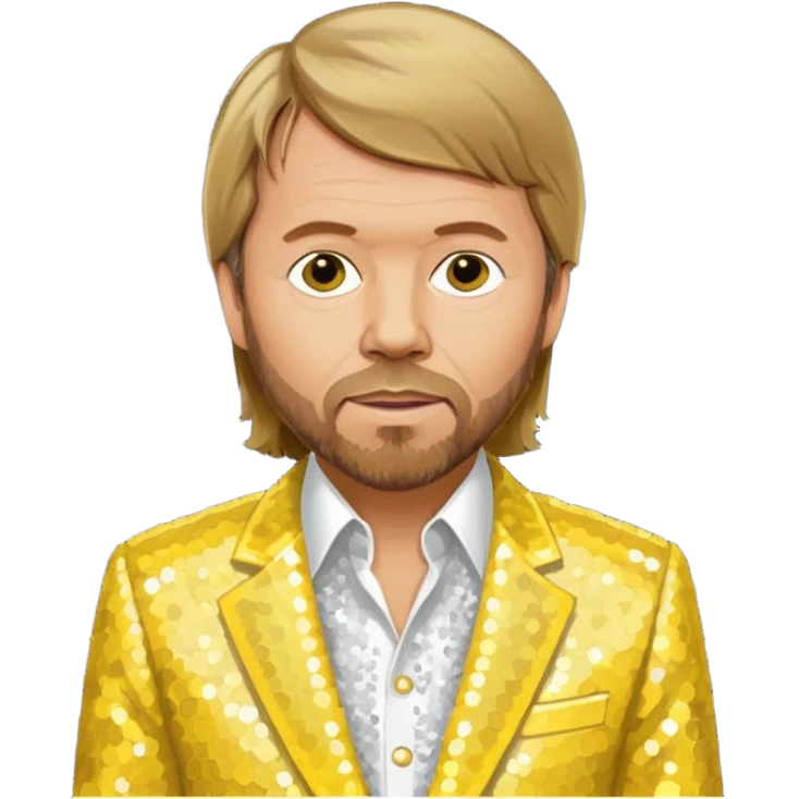 Björn Ulvaeus from ABBA with dark blonde hair, yellow sequin shirt, white sequin suit jacket emoji