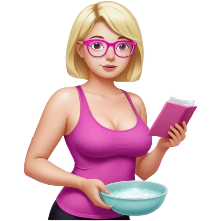 Curvy fair skinned woman, freckled skin, short blond hair, small light purple reading glasses, washing dishes, short flowing sheer hot pink tank top, without undergarments SFW, black yoga pants, thick booty emoji