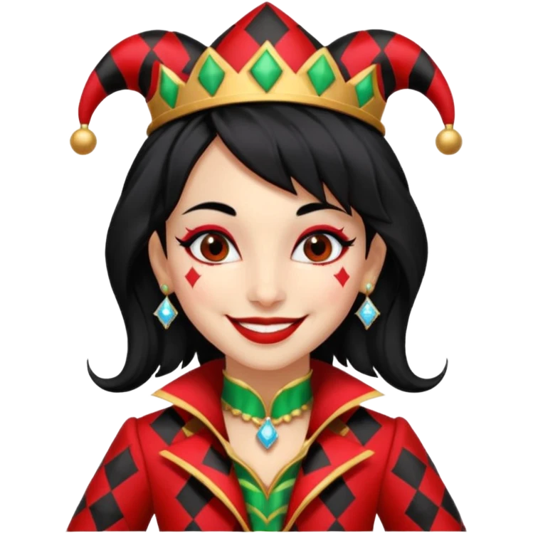 Jester girl, black and red suit, black hair, harley quinn emoji