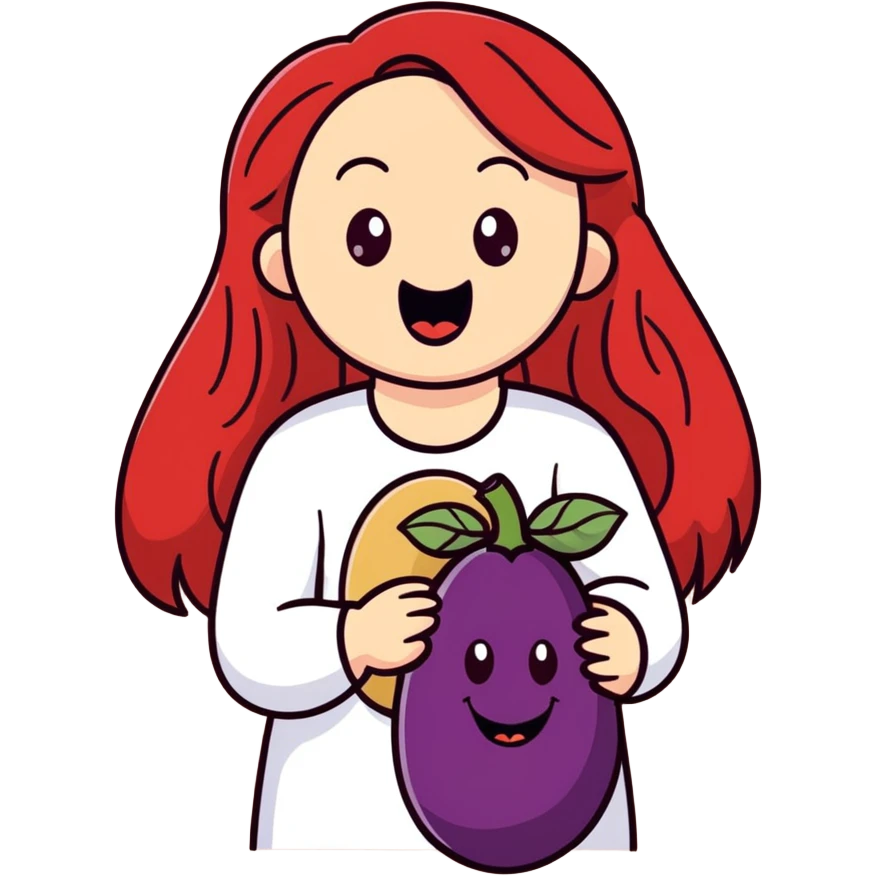 A girl with long red hair with the mouth open and an eggplant on the hand and a quote with the writing Octavian emoji