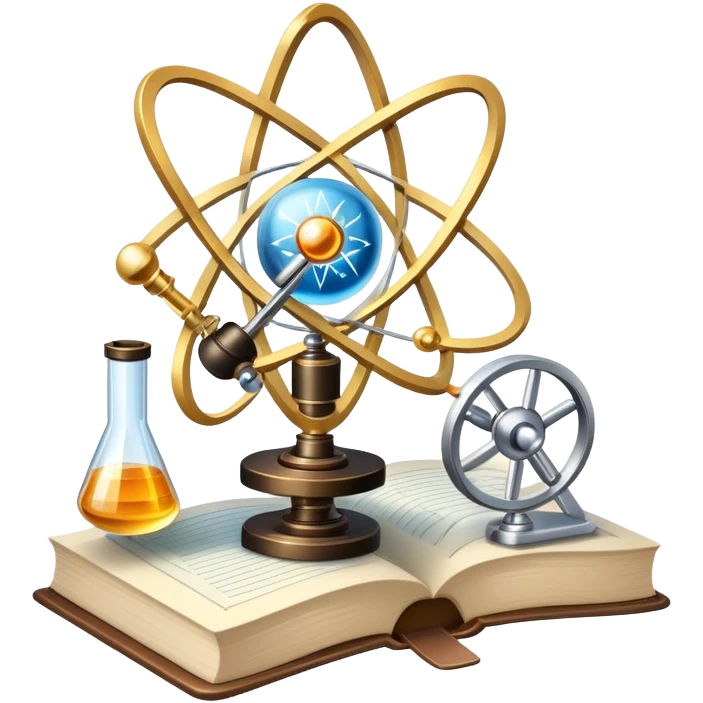 An icon featuring an atom, a physics book, and a pendulum, symbolizing physics. The design includes a microscope, a compass, and light rays, representing the study of energy, forces, and matter. Transparent background highlights scientific exploration and physical laws. emoji