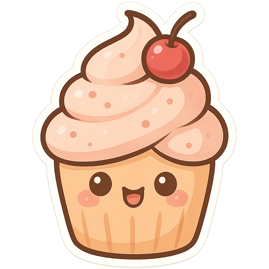 chibi sticker-style cupcake, cute and exaggerated emoji