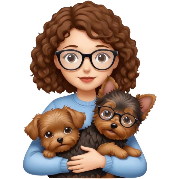 Girl with brown curly hair and glasses hugging a yorkshire terrier dog emoji