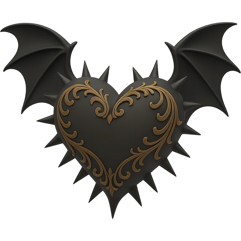 Add gothic bat wings to the black gothic heart with metallic spikes in 3D black style, no background. emoji