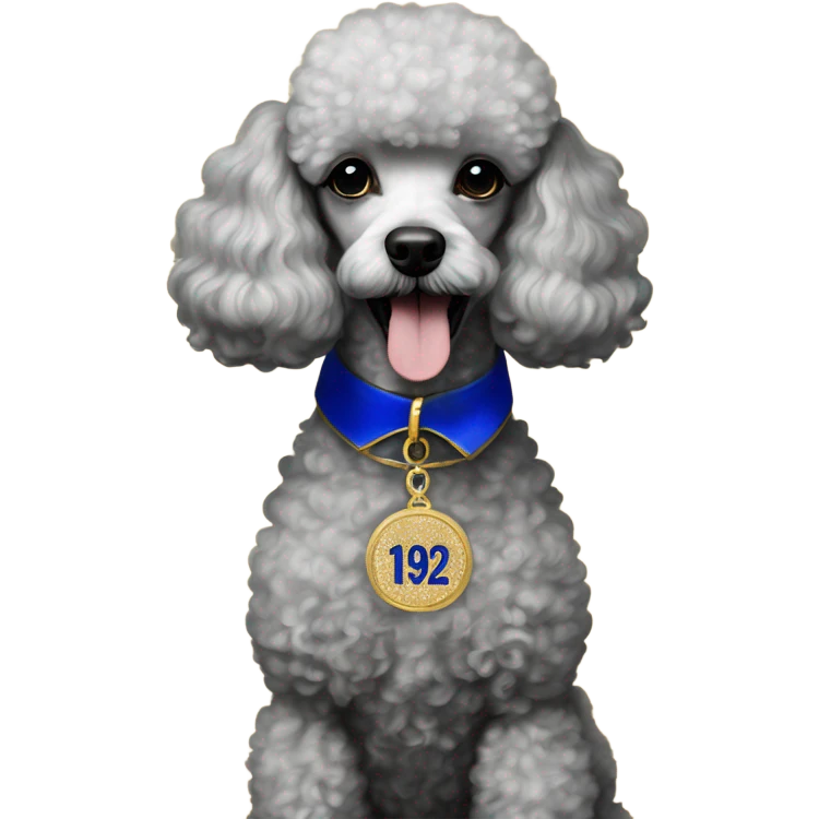 poodle with royal blue and gold collar and pendant that reads 1922 emoji