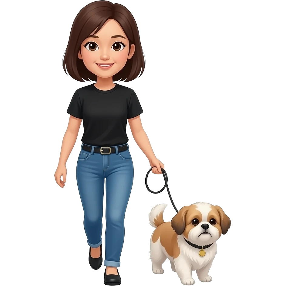 An Asian woman with medium dark brown hair, wearing a black T-shirt and blue jeans is walking with a Shih Tzu emoji