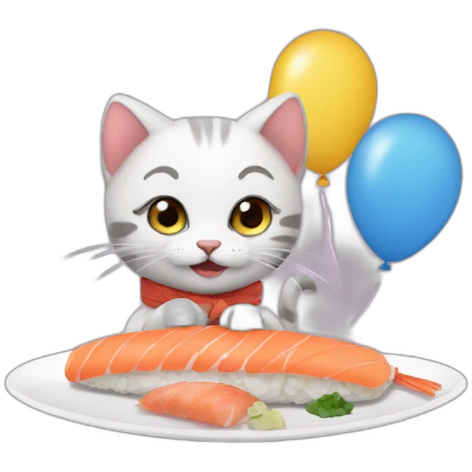 kitten eating sushi for the first time with balloons emoji