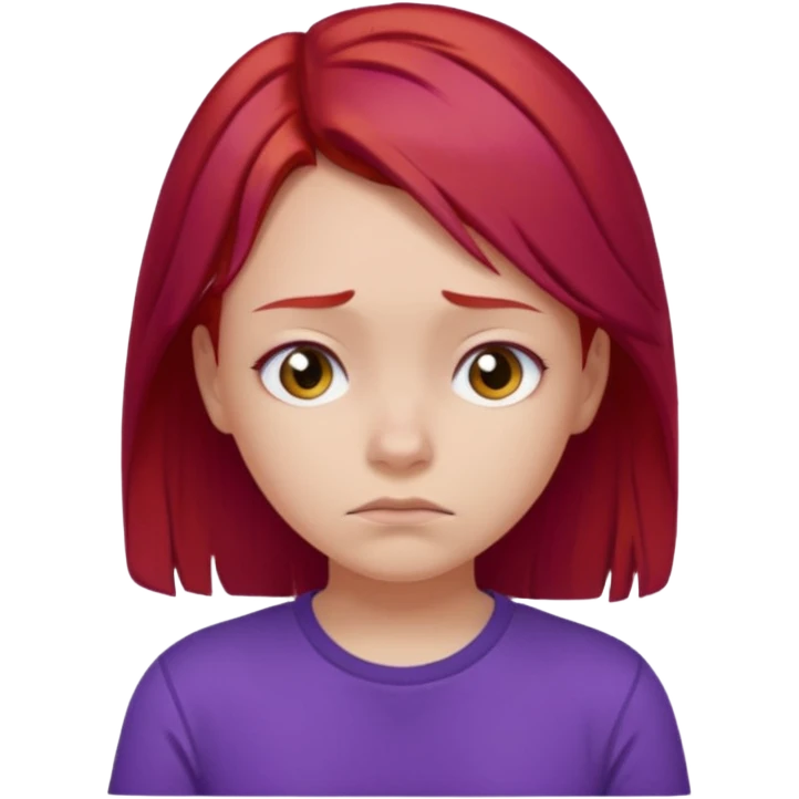 Young girl with red hair, wearing a purple T-shirt, with a sad face. emoji