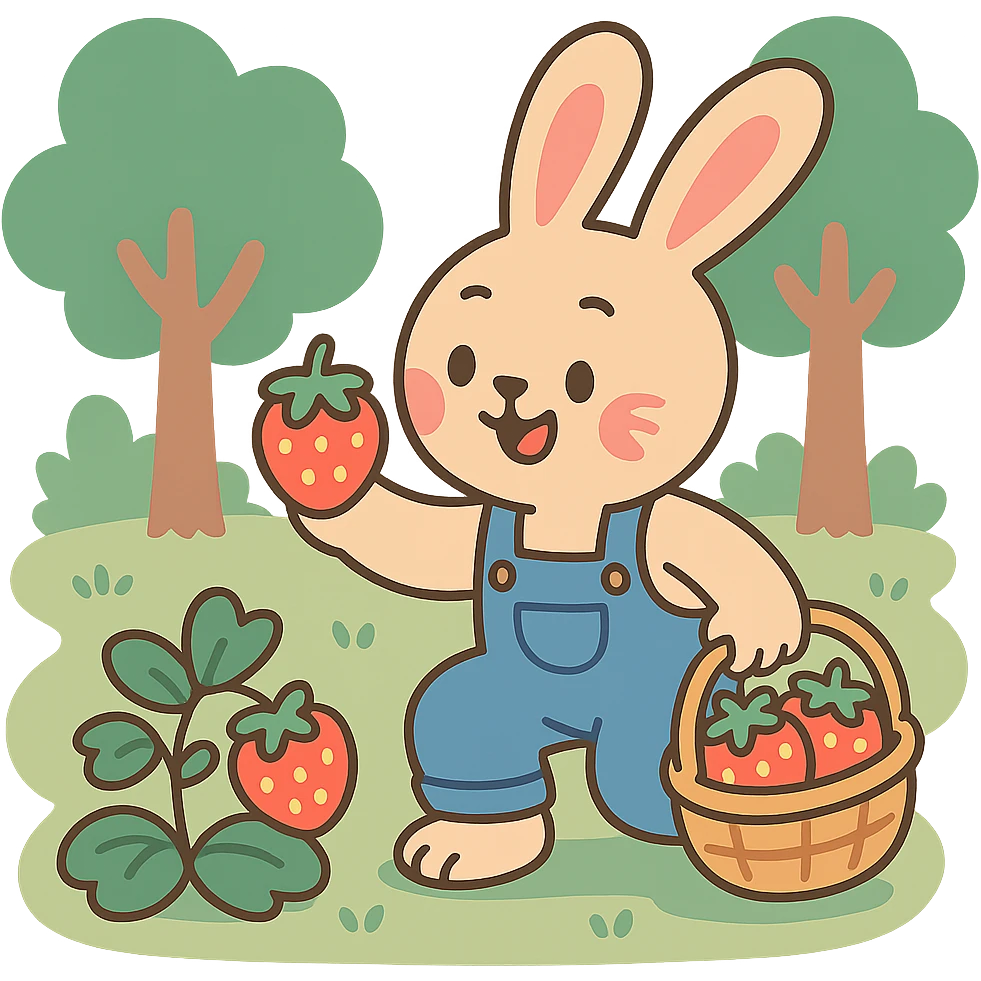 bunny picking strawberries in the woods, sweet pastel red, pastel toon style emoji