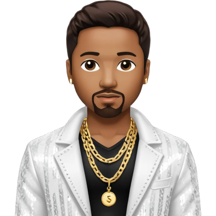 Teddy Riley with dark brown hair, white sequin jacket, shirtless with necklace emoji