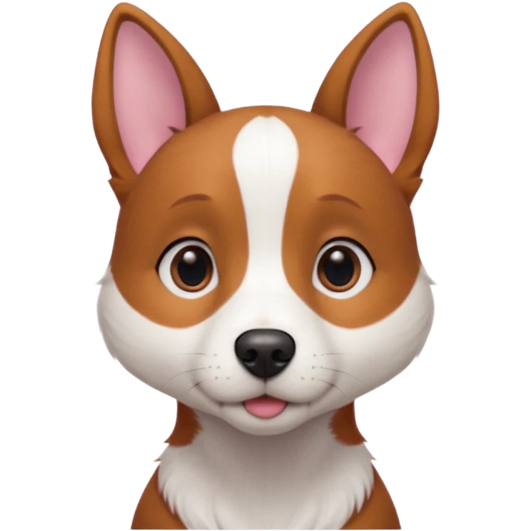 Medium-sized dog with a slim build and short reddish-brown fur. She has large upright ears with a soft expression, slightly graying around her muzzle and eyes, and a pinkish nose. Her chest features a white patch in the shape of a vertical stripe, and her tail is thin and slightly curved. emoji