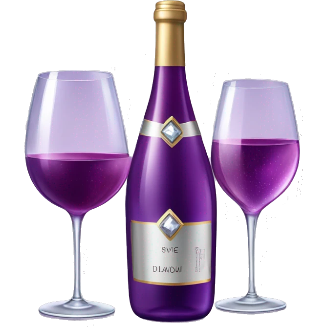 Realistic sparkling diamond glam bottle of Purple Wine and matching long stem wine glass. emoji
