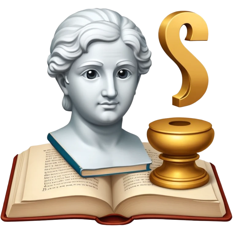An icon featuring a classical bust, a book, and a question mark, symbolizing philosophy. The design includes a scroll with ancient text, evoking deep thought and intellectual inquiry. Transparent background highlights the search for knowledge and meaning emoji