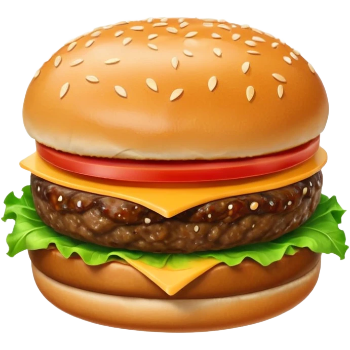 A classic single patty hamburger emoji, 3D Apple style, glossy and colorful. Soft rounded bun with sesame seeds, one beef patty, fresh lettuce, tomato slice, melted cheese, realistic but cartoonish look, clean white background emoji