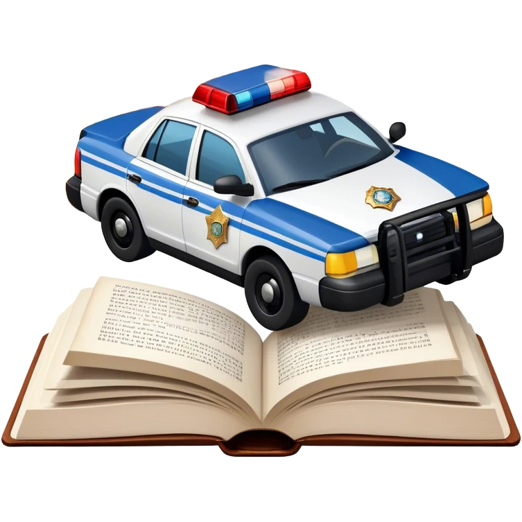 Icon for Action & Crime Reading: an open book with text, from which a police car is driving out along the pages, with explosions behind, a helicopter flying overhead, and a pistol with ammo and grenades in front. Transparent background. emoji