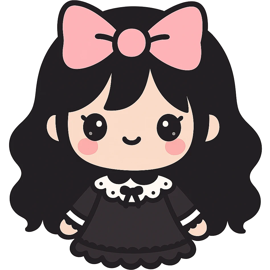 kawaii gothic girl with pink bow, gothic style, cute face, lace and dark accents emoji
