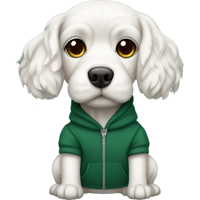 Dog white cute maltaise wearing a dark green hoodie  emoji