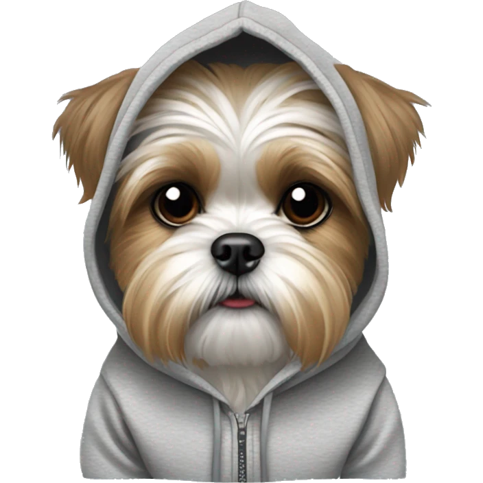 A shih tzu/ Yorkie mix wearing a hoodie emoji