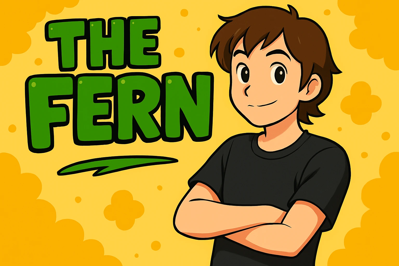 Make the brunette anime man look 20 years old with youthful facial features, still leaning to the side with arms crossed, in front of green bubble letters that say 'The Fern'. He should have a black t-shirt, no jacket, medium-length brown hair, and an expressive anime face. Keep the vibrant, cartoonish, eye-catching vibe in vibrant toon style. emoji